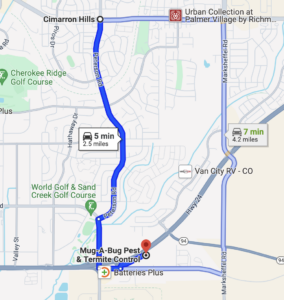 Google Maps showing Mug-A-Bug office to Cimarron Hills